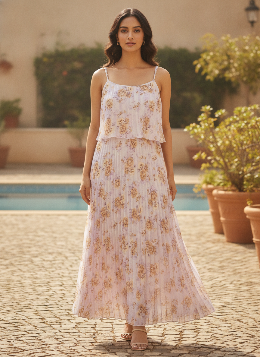 Women's Multi Floral Printed Flared Maxi Dress