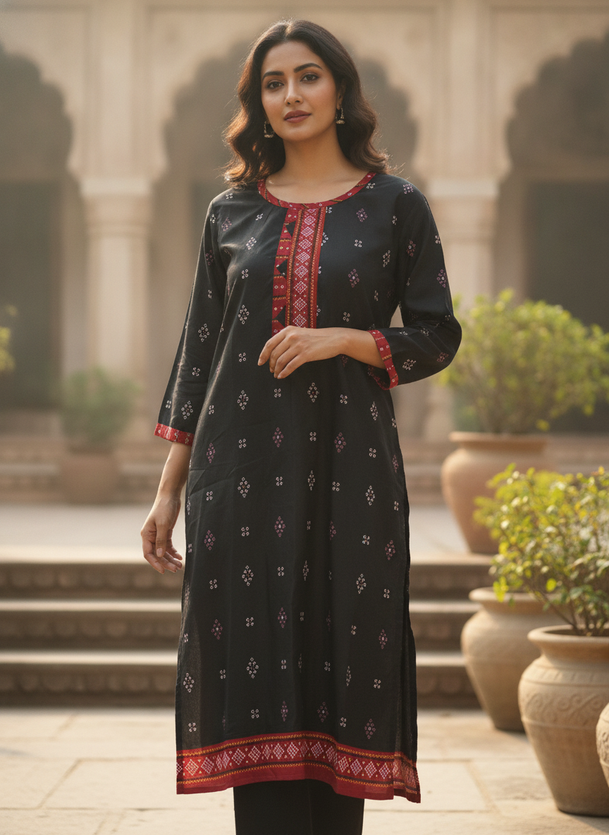 Women's Black Ethnic Print Viscose Kurta