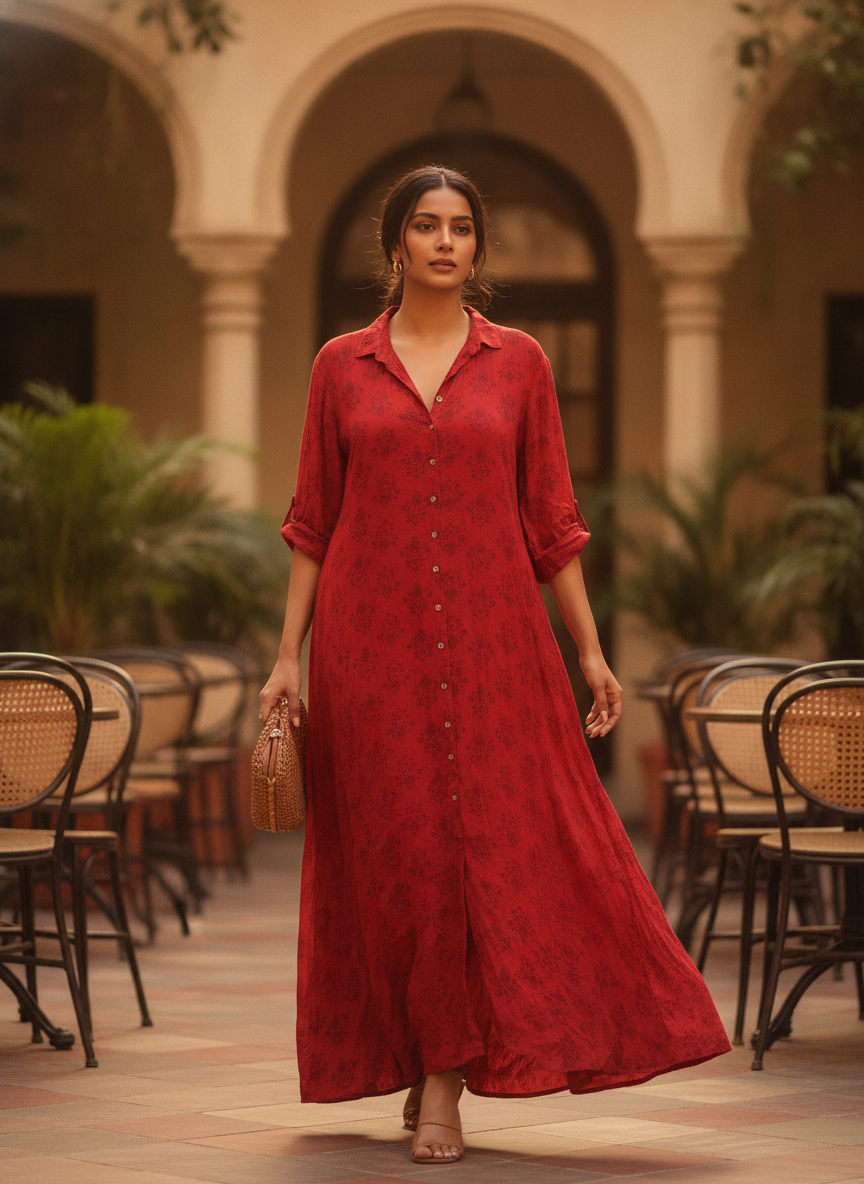 Red Printed Button-Down Maxi Dress