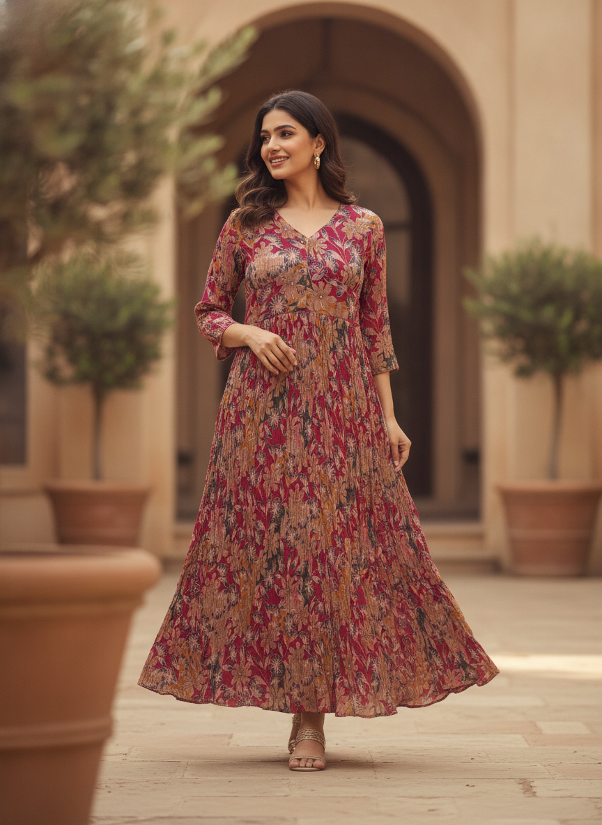 Women's Multi Floral Printed Flared Dress