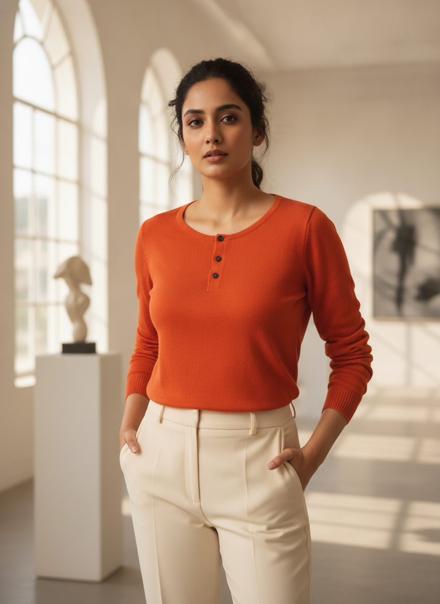 Orange Henley Neck Long Sleeve T-Shirt