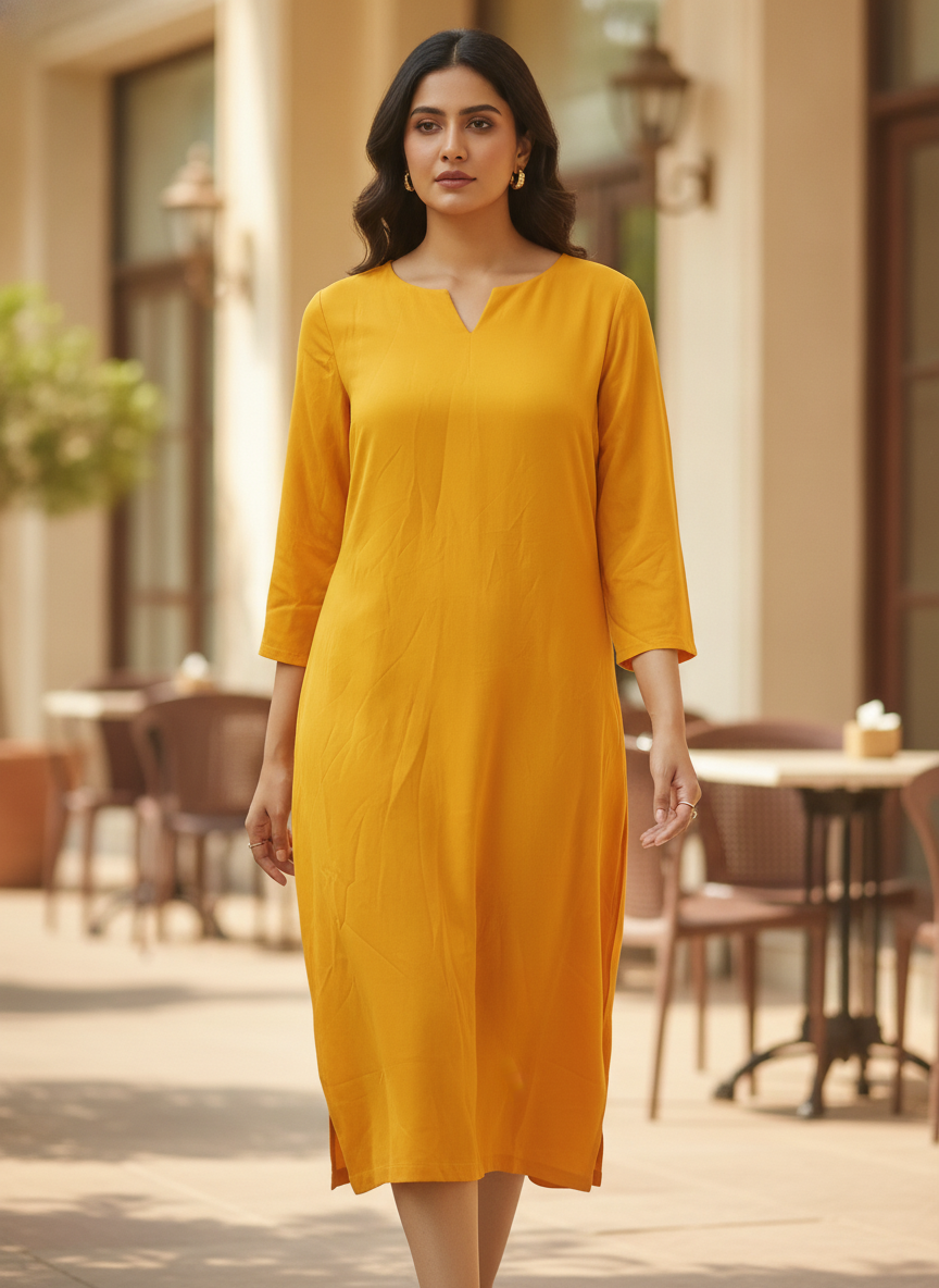 Women's Yellow Solid Regular Fit Dress