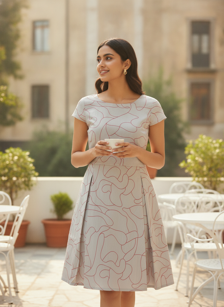 Grey Abstract Print A-line Dress