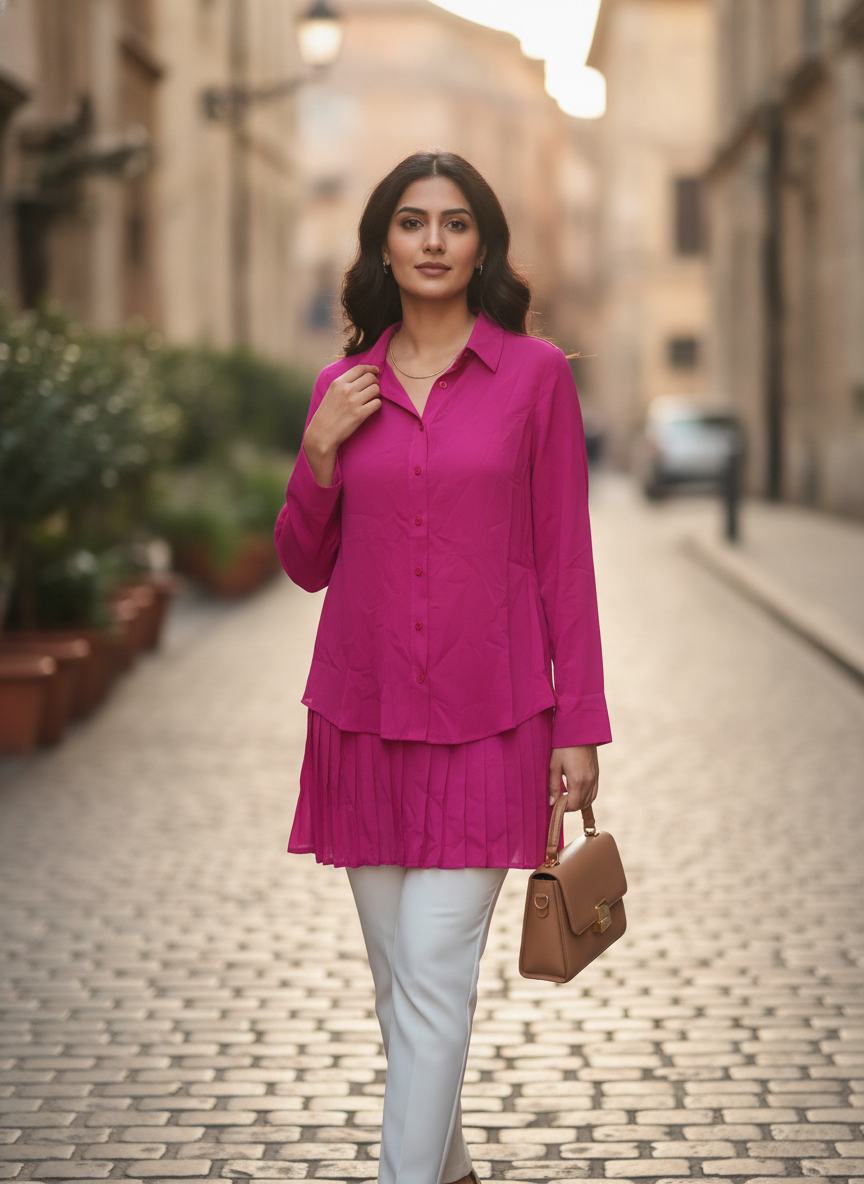 Magenta Solid Regular Fit Pleated Top