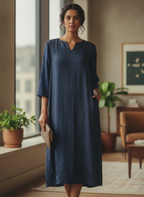 Women's Dark Blue Solid Relaxed Fit Midi Dress