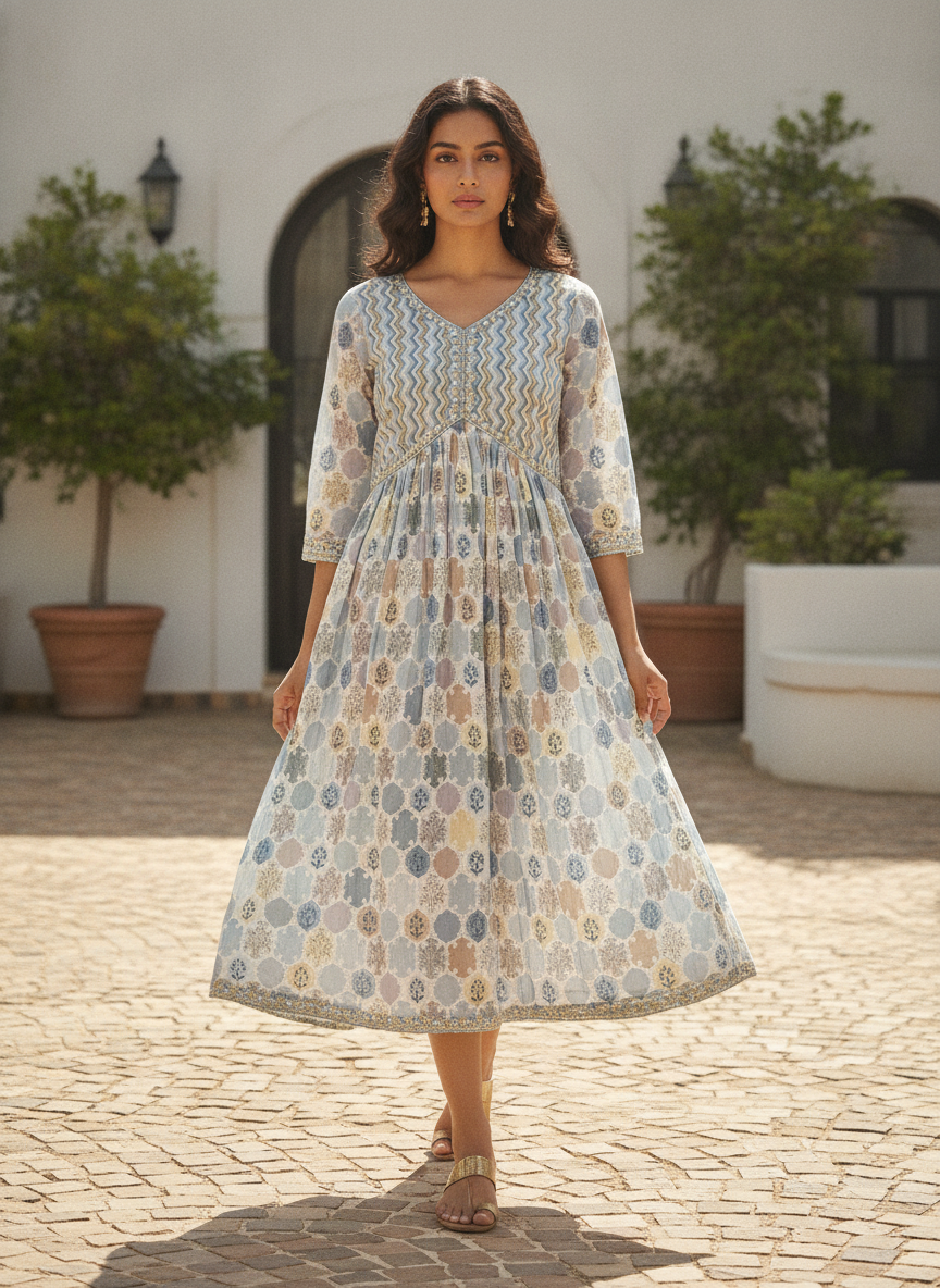 Women's Light Blue Ethnic Print Flared Dress