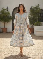 Women's Light Blue Ethnic Print Flared Dress