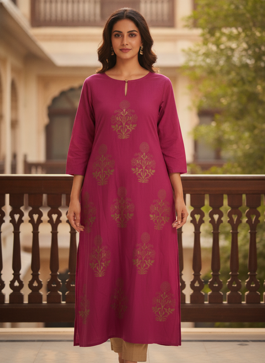 Magenta Ethnic Print Straight Kurti