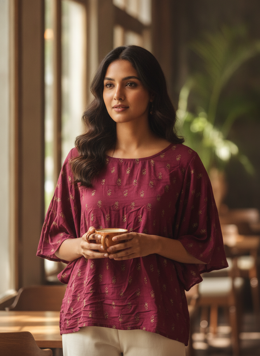 Women's Wine Printed Relaxed Fit Top