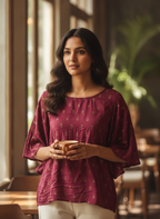 Women's Wine Printed Relaxed Fit Top