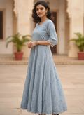 Light Blue Printed A-line Kurti with Pom-Pom Detailing