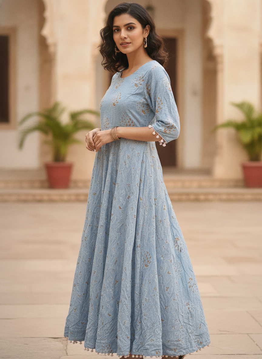 Light Blue Printed A-line Kurti with Pom-Pom Detailing