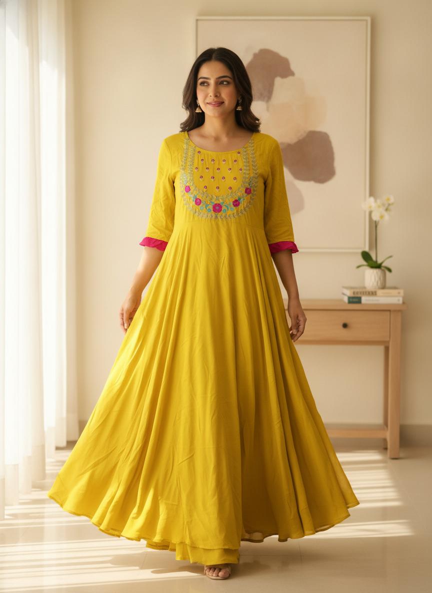 Women's Yellow Embellished Flared Kurti