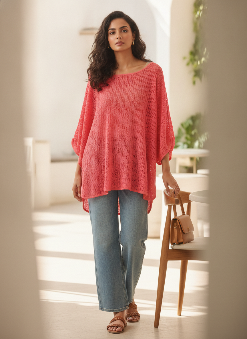 Coral Textured Oversized Knit Top