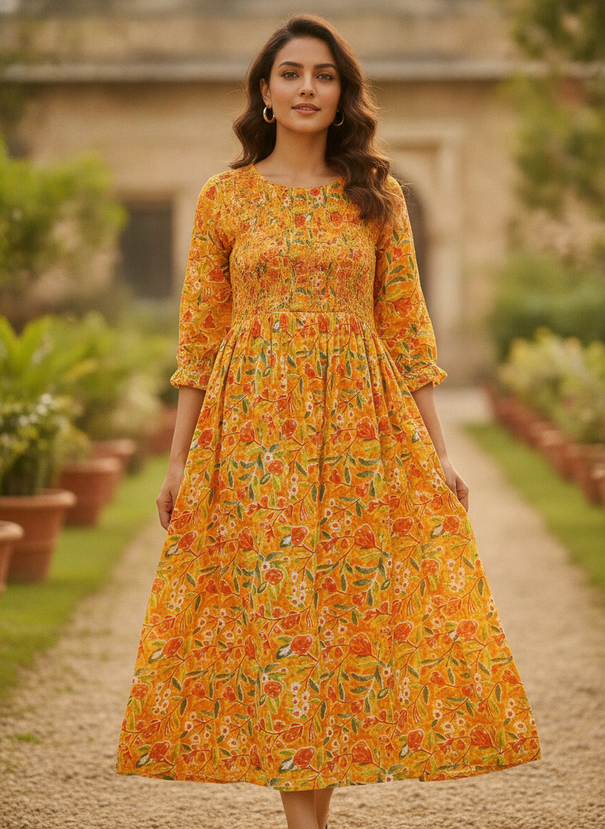 Women's Yellow Floral Print Smocked Flared Dress