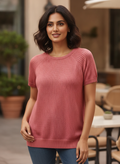 Coral Textured Knit Short Sleeve Top