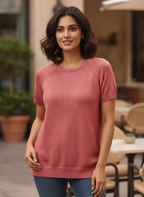 Coral Textured Knit Short Sleeve Top