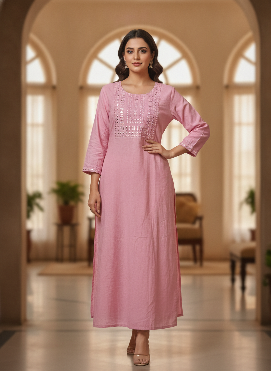 Women Pink Embellished Cotton Kurti