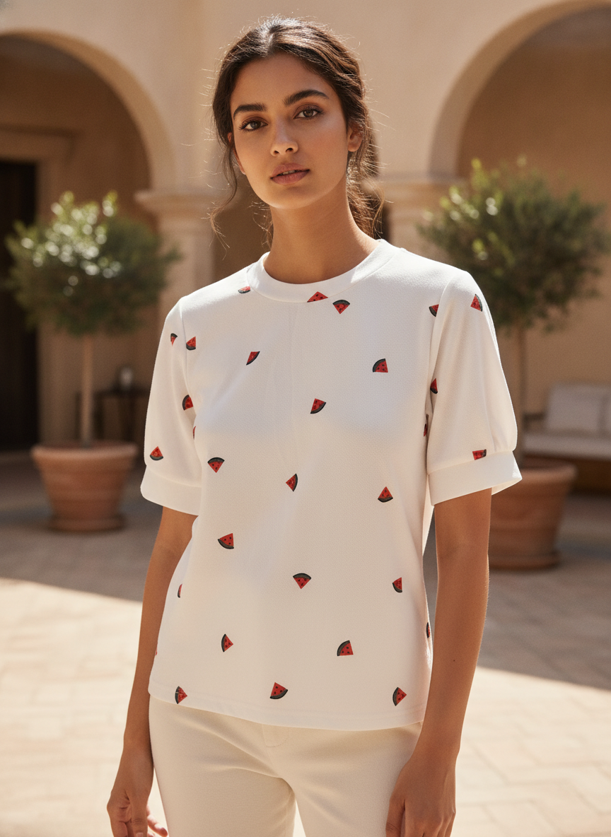 Women's White Watermelon Print Regular Fit T-Shirt