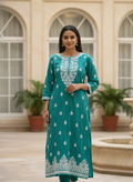 Teal Embellished Cotton Kurti
