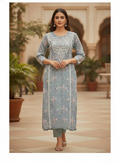 Light Grey Floral Printed & Embroidered Kurti