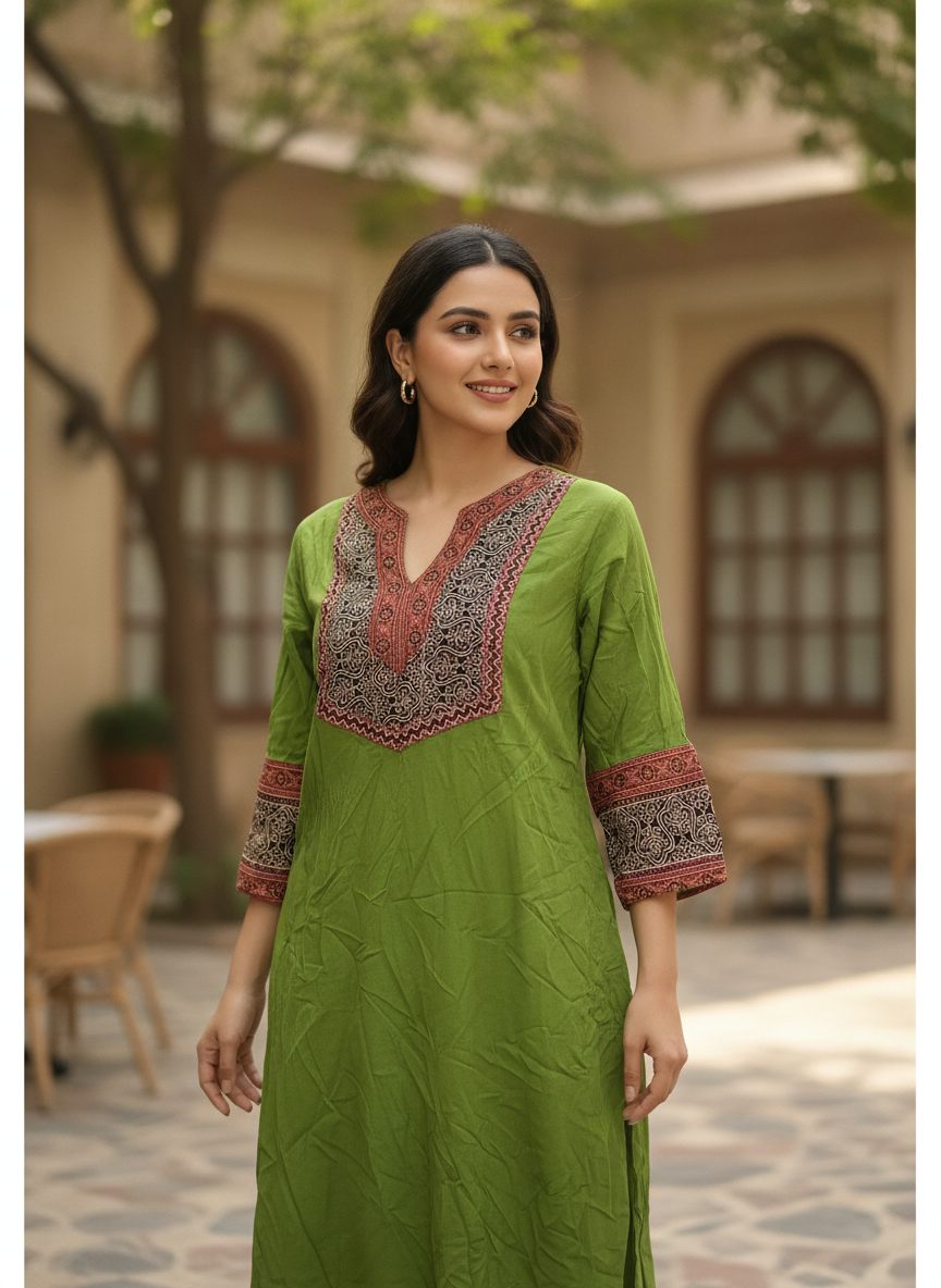 Green Ethnic Print V-Neck Kurti