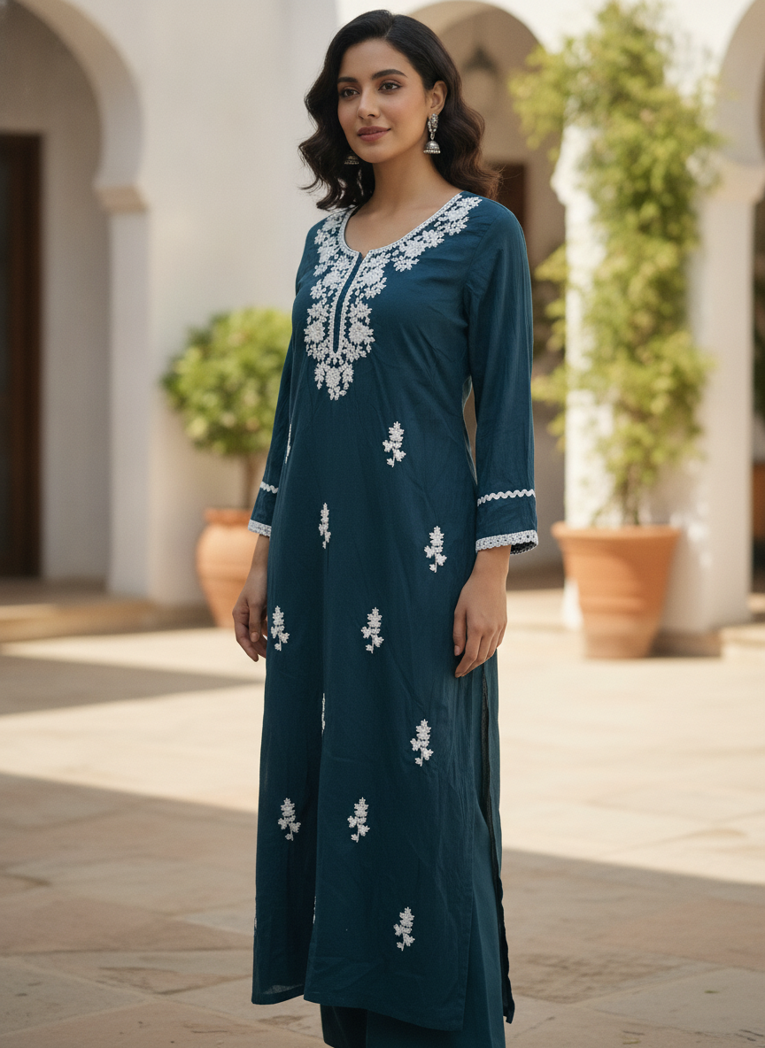 Teal Embellished Straight Kurti