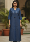 Women's Dark Blue Denim Embroidered Kurti