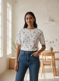 Off White Floral Print Ribbed Knit Top