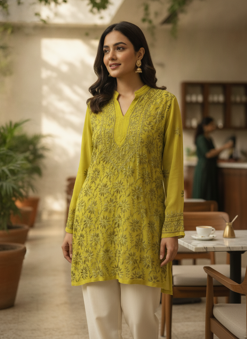 Lemon Embellished Floral Kurti