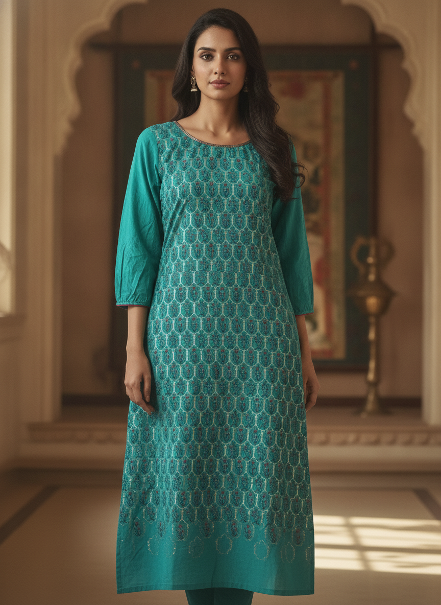 Teal Ethnic Print Cotton Kurti for Women