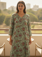 Sea Green Floral Printed V-Neck Kurti