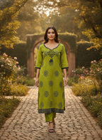 Women's Green Embellished Straight Kurti
