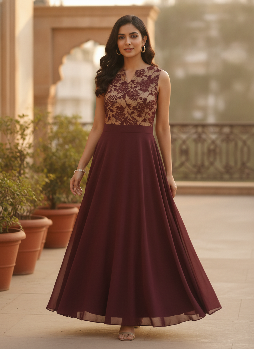 Women's Floral Printed Maroon Flared Dress