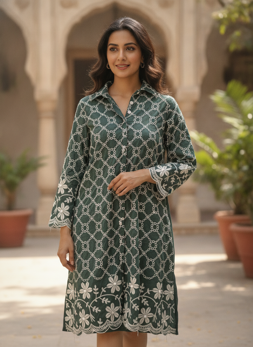 Dark Green Embroidered Cotton Kurti
