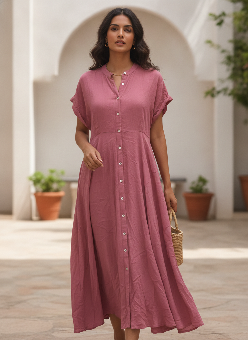 Mauve Solid A-Line Button-Down Dress