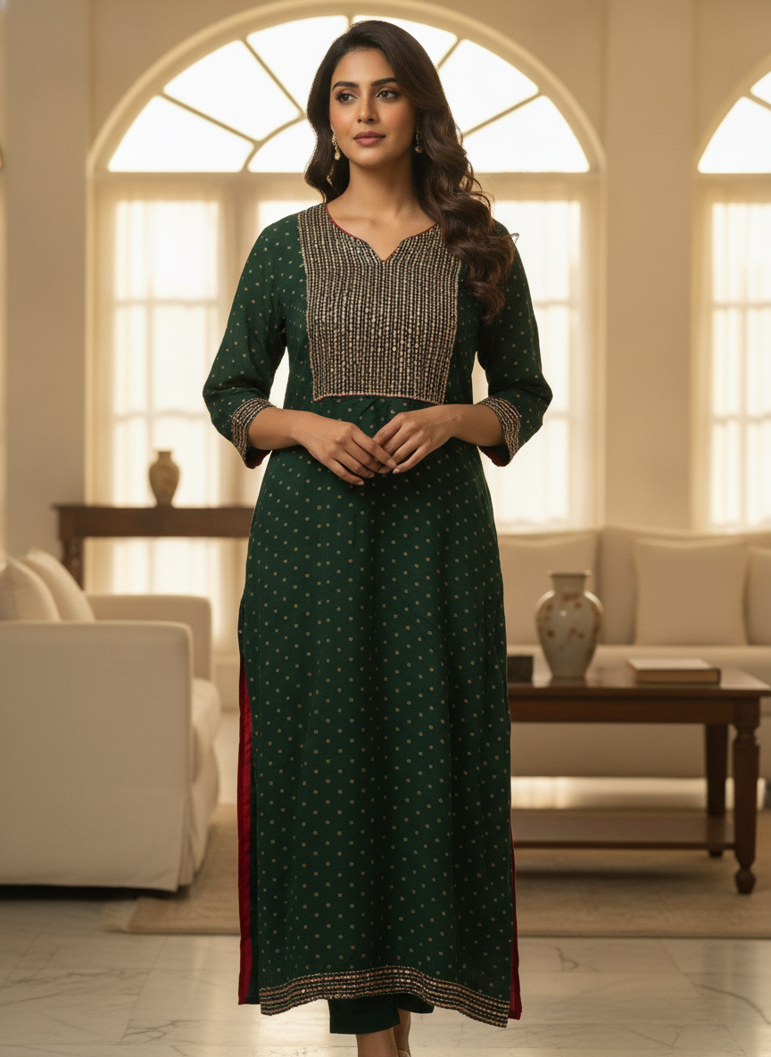 Women's Dark Green Printed Embellished Kurti