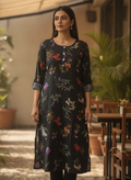 Women's Black Floral Printed Rayon Kurti