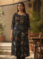 Women's Black Floral Printed Rayon Kurti