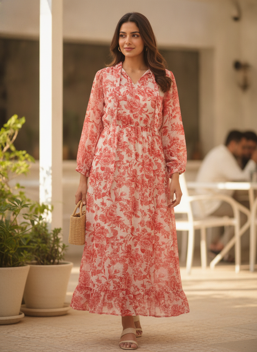 Red & White Floral Printed Maxi Dress