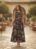 Women's Dark Navy Floral Print Flared Maxi Dress