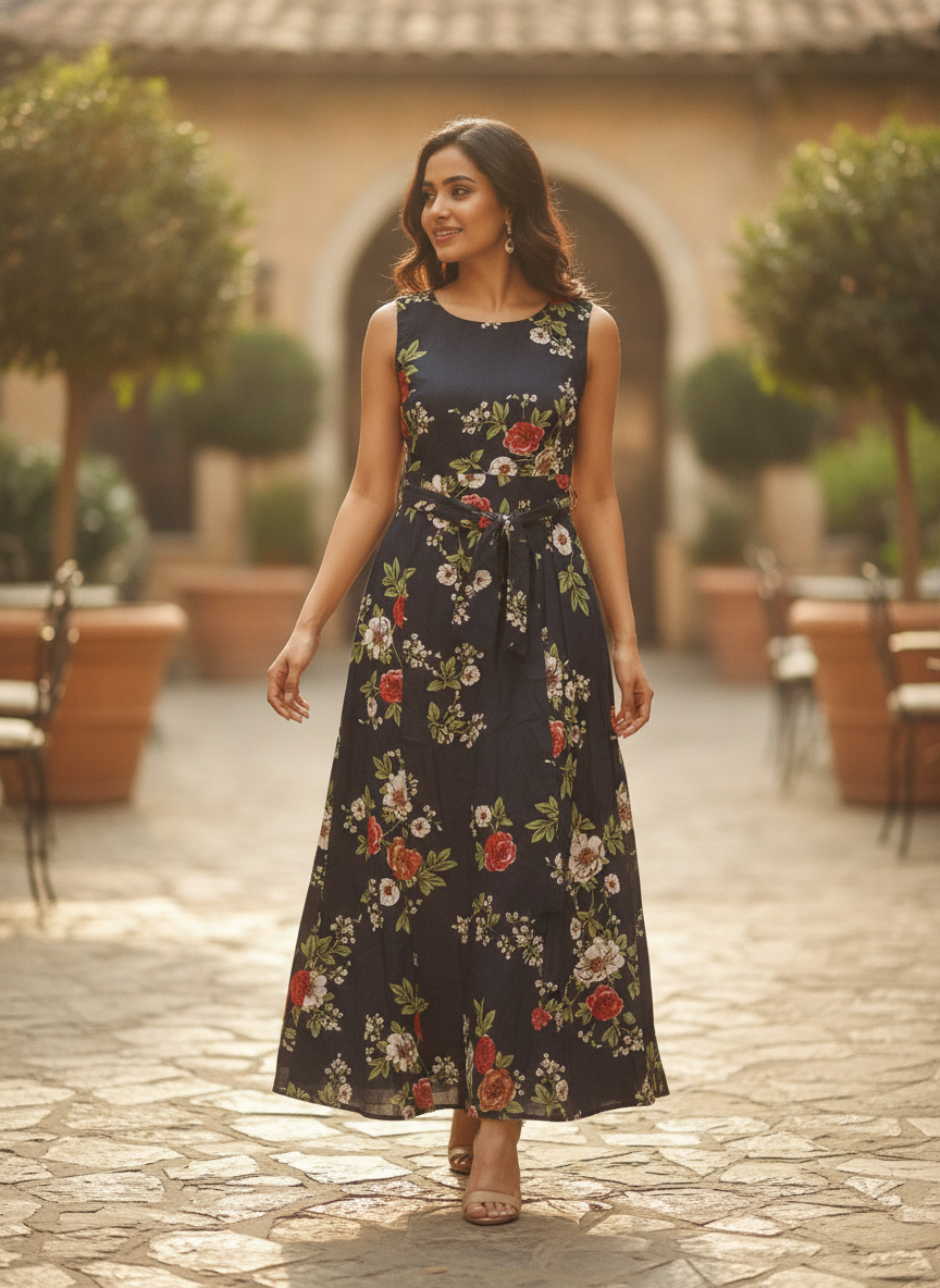 Women's Dark Navy Floral Print Flared Maxi Dress