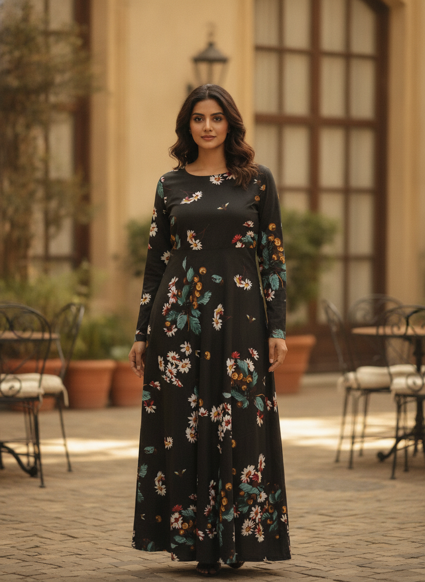 Women's Black Floral Printed Regular Fit Maxi Dress