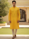 Men's Yellow Solid Regular Fit Kurta