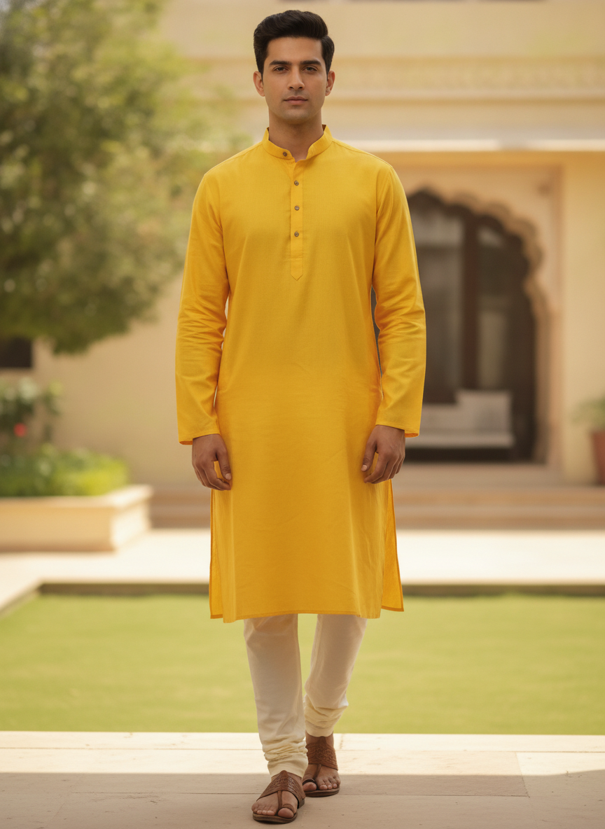 Men's Yellow Solid Regular Fit Kurta