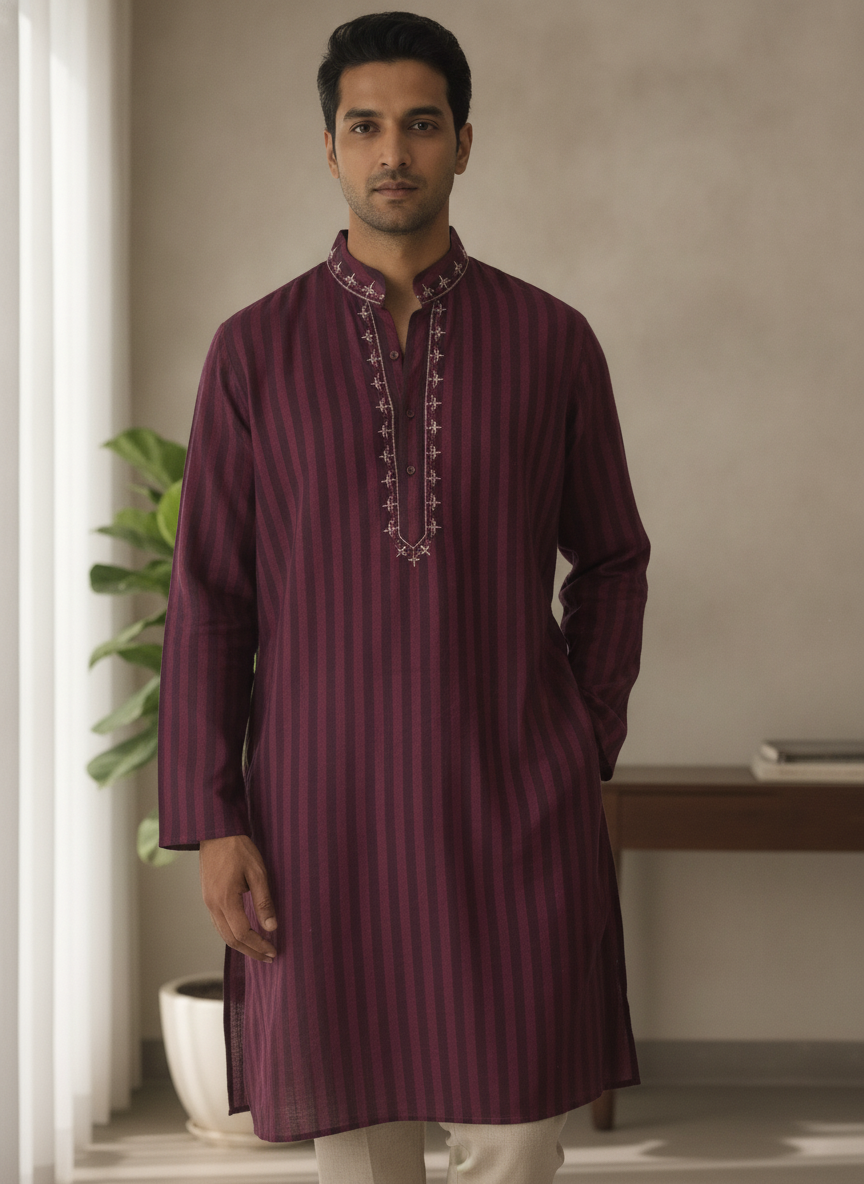Maroon Striped Embellished Kurta