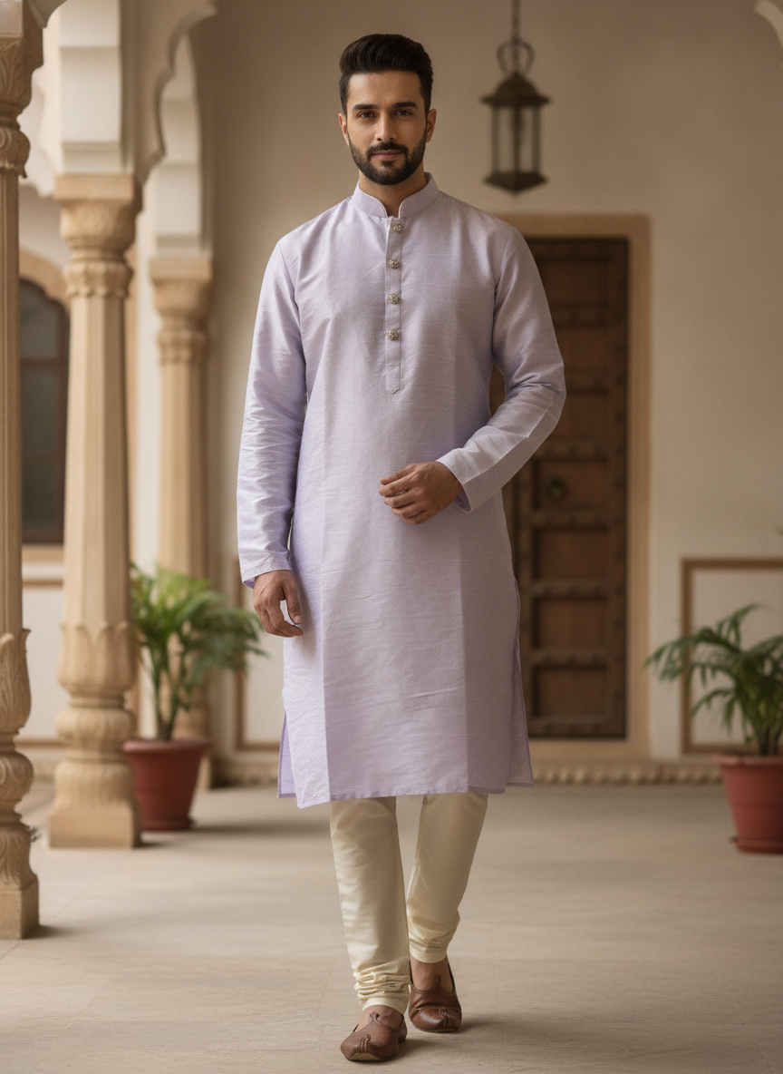 Men's Light Purple Solid Kurta with Embellished Buttons
