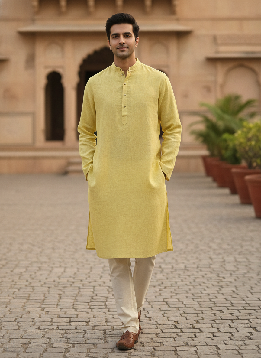 Lemon Solid Linen Regular Fit Kurta