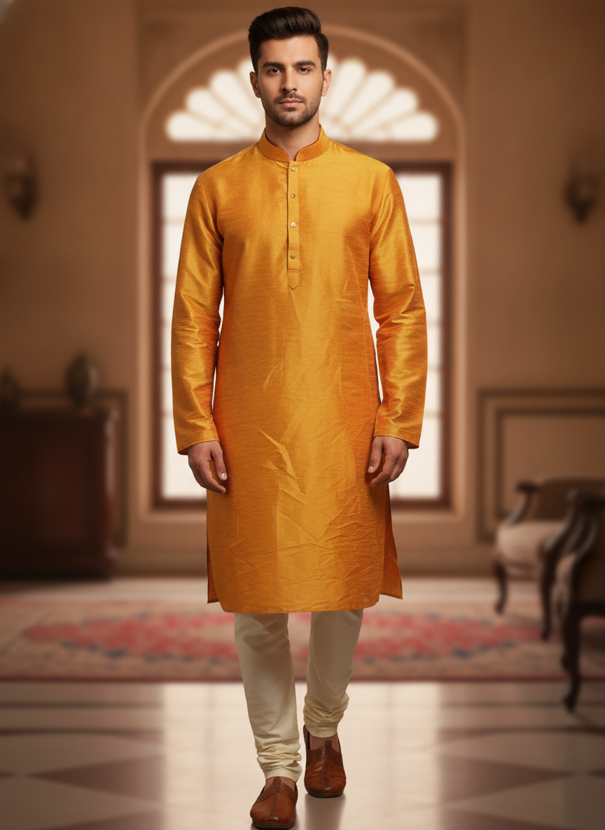 Men's Mustard Solid Silk Kurta