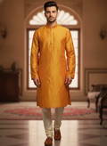 Men's Mustard Solid Silk Kurta